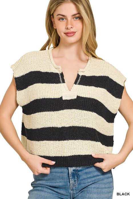 Black/Cream Stripe Split Neck Stripe Sleeveless Sweater