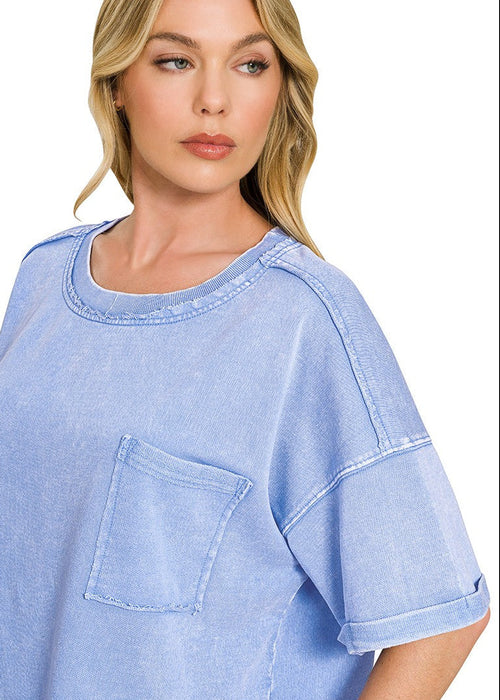 Blue French Terry Acid Washed Exposed Seam Pocket T-shirt OVERSIZED
