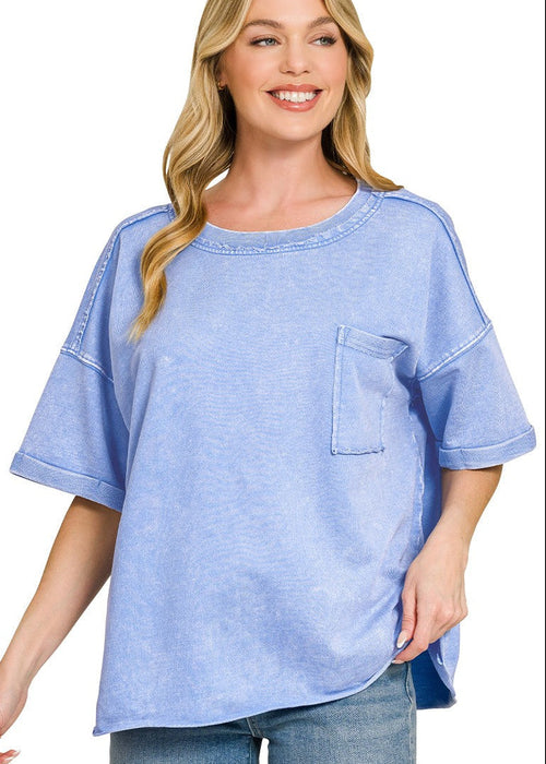 Blue French Terry Acid Washed Exposed Seam Pocket T-shirt OVERSIZED