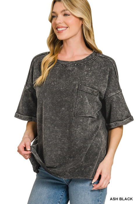 Ash Black French Terry Acid Washed Exposed Seam Pocket T-shirt
