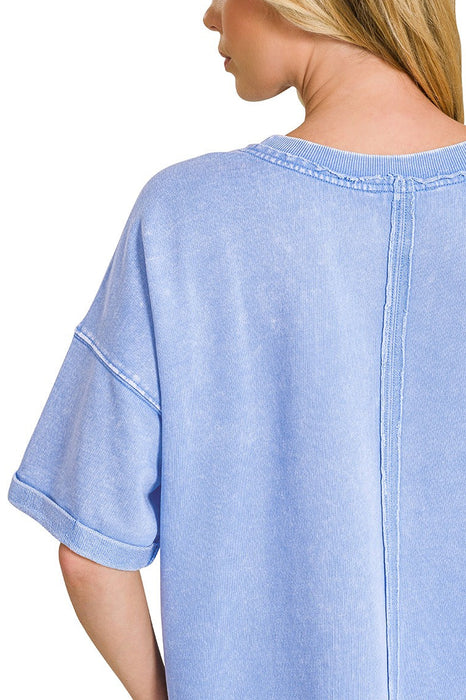 Blue French Terry Acid Washed Exposed Seam Pocket T-shirt OVERSIZED