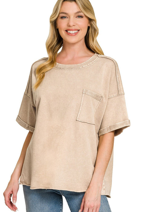 Ash Mocha French Terry Acid Washed Exposed Seam T-shirt OVERSIZED