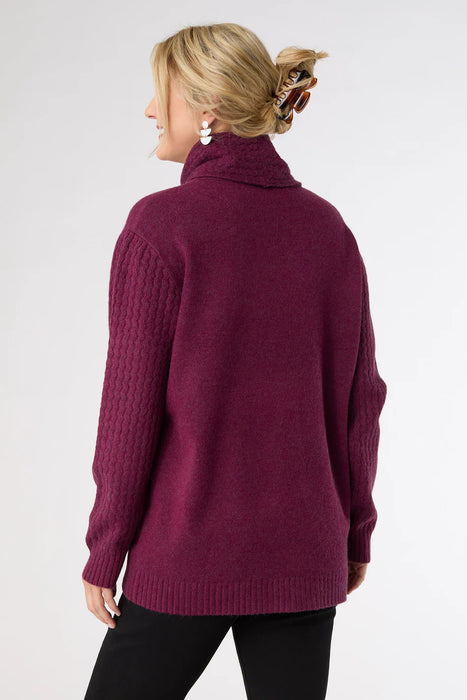 Boysenberry Heavenly-Luxe Cowl Neck Cable Sweater with Pockets