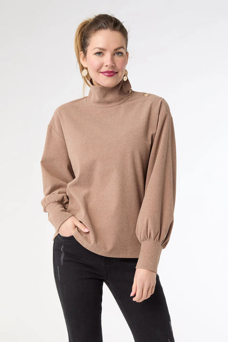Audrina Super Soft Top with Button Detail - Mushroom Heather