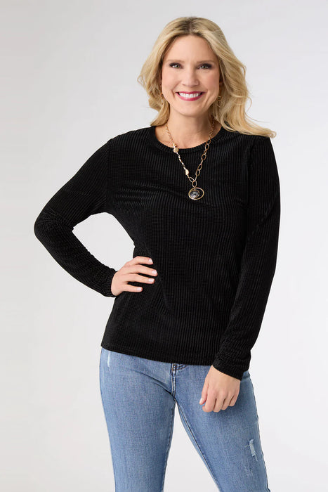Delanie Crew Neck Textured Top - Black