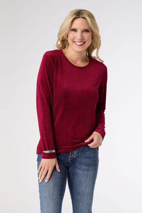 Delanie Crew Neck Textured Top - Wine