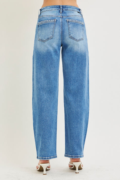 High Rise Ankle Barrel Embroidered Detailed Jeans