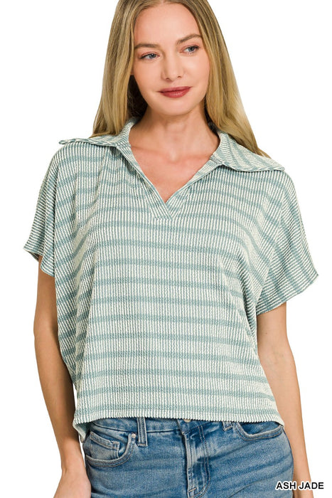 Green Raised Rib Striped Collared Top