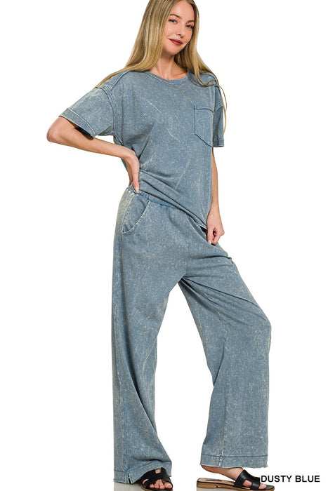 Dusty Blue Acid Washed Exposed Seam Top or Pants