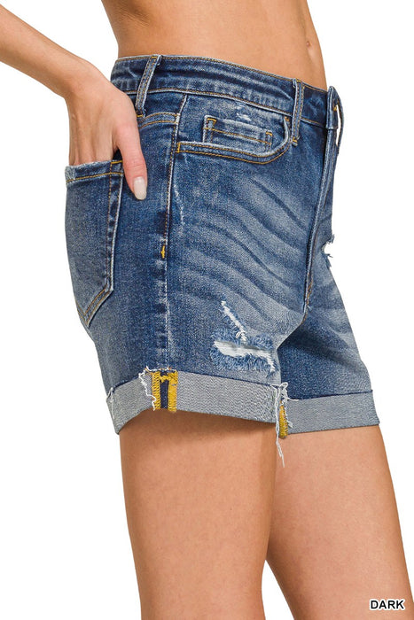 Distressed Cuffed Raw Hem Denim Shorts