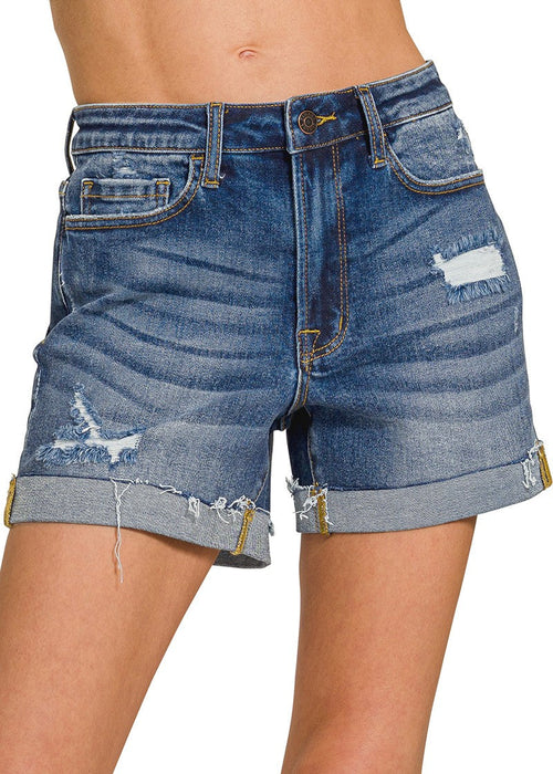 Distressed Cuffed Raw Hem Denim Shorts