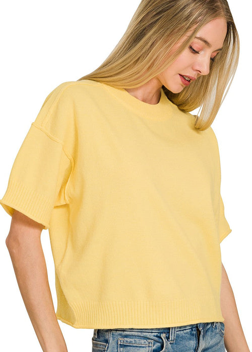 Butter Yellow Lightweight Exposed Seam Short Sleeve Crop Sweater