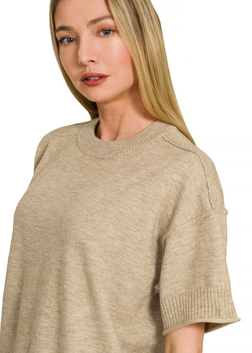 Heather Mocha Lightweight Exposed Seam Short Sleeve Crop Sweater
