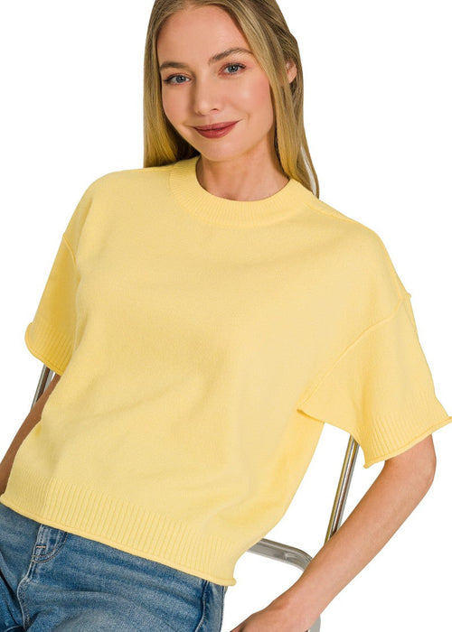 Butter Yellow Lightweight Exposed Seam Short Sleeve Crop Sweater