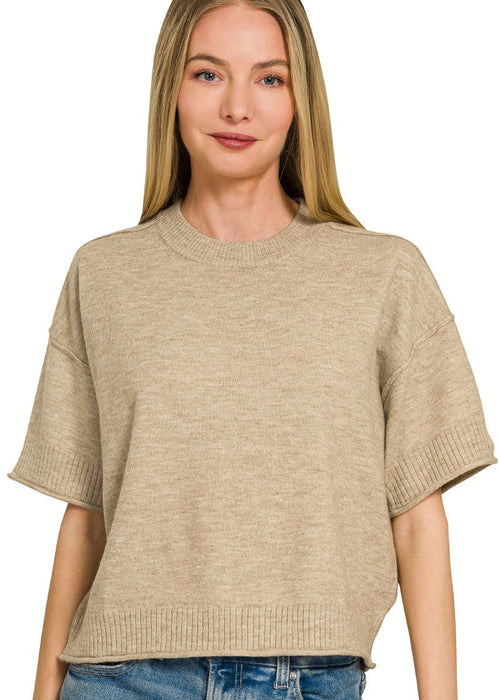 Heather Mocha Lightweight Exposed Seam Short Sleeve Crop Sweater
