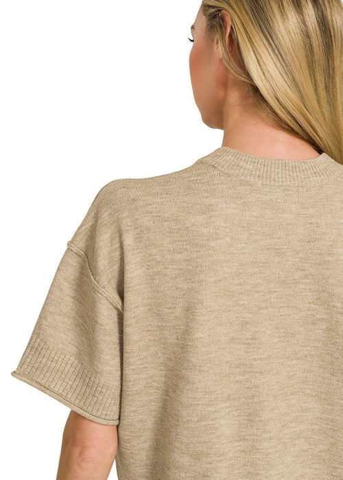 Heather Mocha Lightweight Exposed Seam Short Sleeve Crop Sweater