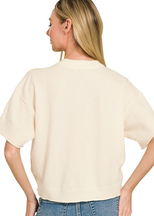 Butter Yellow Lightweight Exposed Seam Short Sleeve Crop Sweater