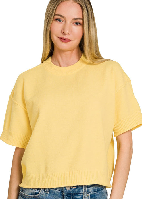 Butter Yellow Lightweight Exposed Seam Short Sleeve Crop Sweater