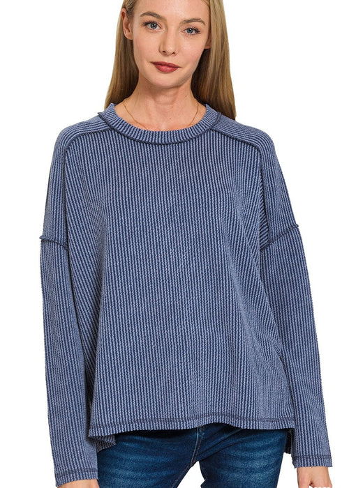 Navy Raised Rib Raw Edge Boat Neck Long Sleeve Top