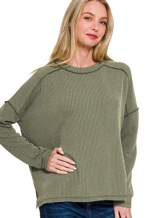 Dark Olive Raised Rib Raw Edge Boat Neck Long Sleeve Top