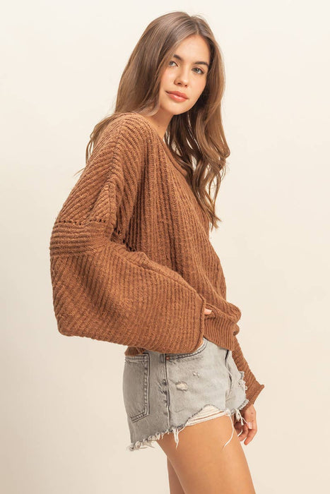 Brown Ribbed Drop Sleeve Sweater