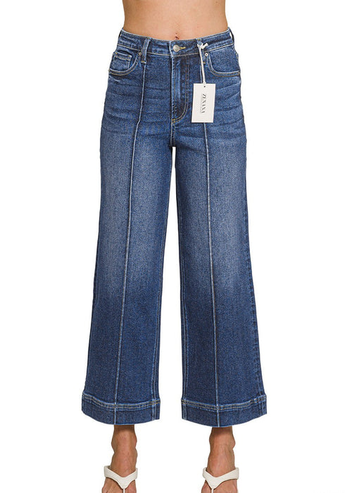 Dark Wash High Rise Wide Leg Pintuck Denim Pants