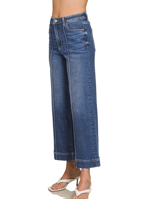 Dark Wash High Rise Wide Leg Pintuck Denim Pants