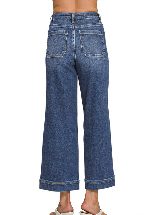 Dark Wash High Rise Wide Leg Pintuck Denim Pants