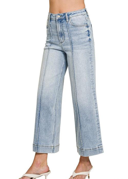 Light Wash High Rise Wide Leg Pintuck Denim Pants