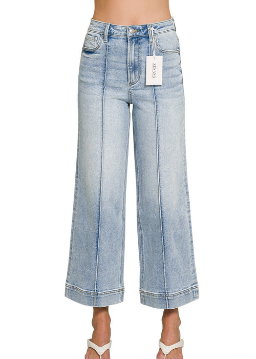 Light Wash High Rise Wide Leg Pintuck Denim Pants