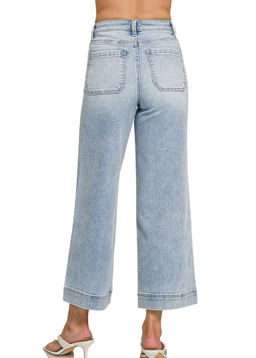 Light Wash High Rise Wide Leg Pintuck Denim Pants