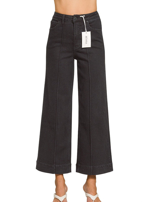 Black High Rise Wide Leg Pintuck Denim Pants