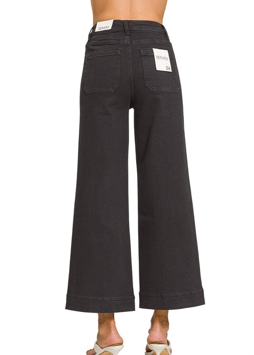 Black High Rise Wide Leg Pintuck Denim Pants