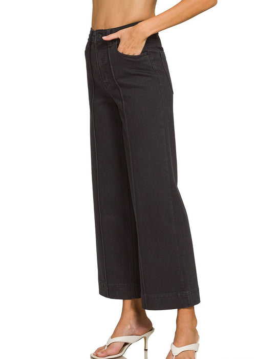 Black High Rise Wide Leg Pintuck Denim Pants
