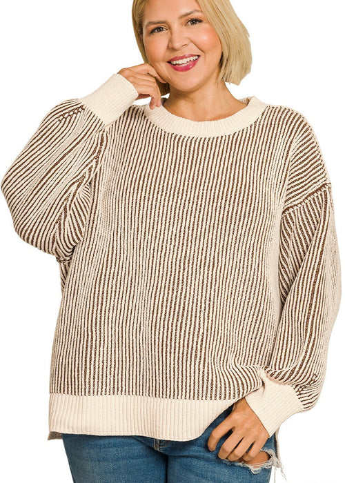 PLUS Brown Two Tone Crewneck Sweater