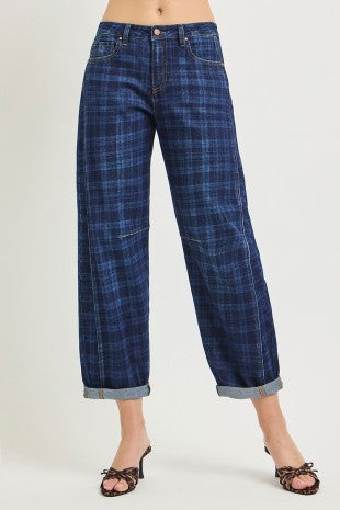 Plaid Slouchy Crop Barrel Cuffed Jeans
