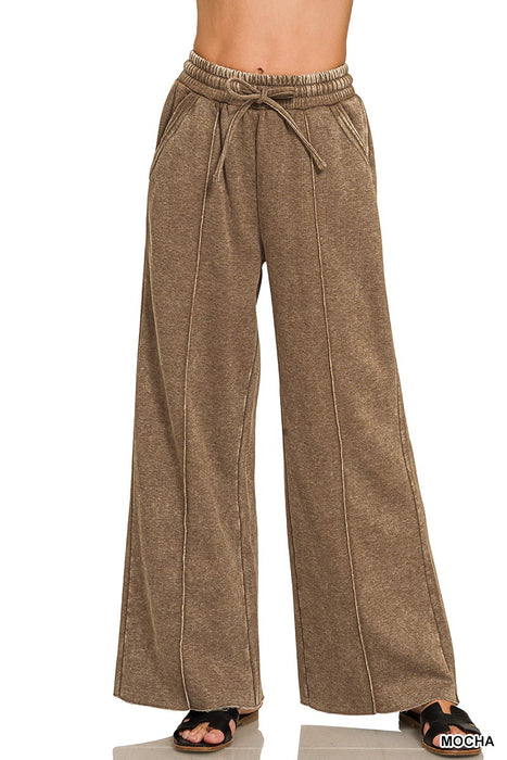 Mocha Acid Washed Fleece Pintuck Wide Leg Pants