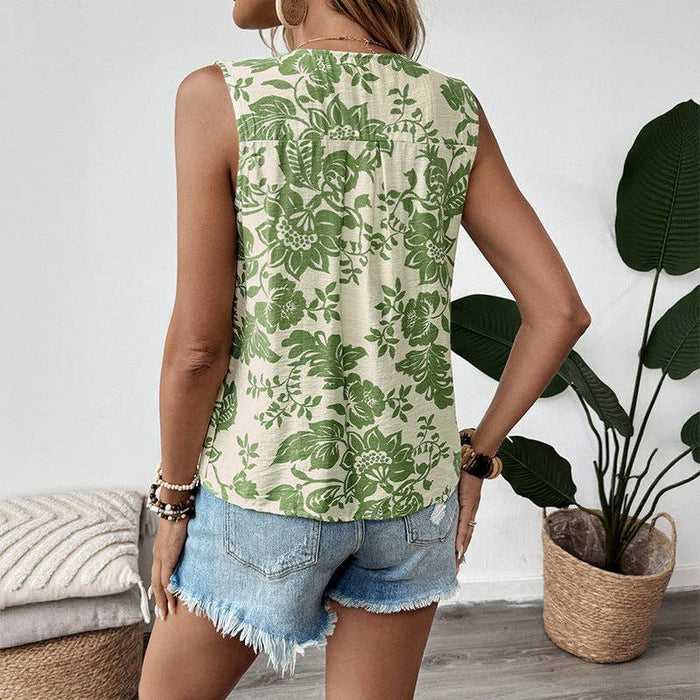 Green & Cream Floral Pleated Sleeveless Top | S-XL