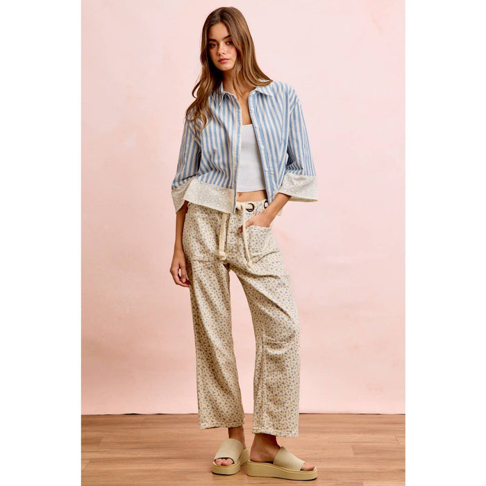 Braided Belt Patch Pocket Floral Print Pants