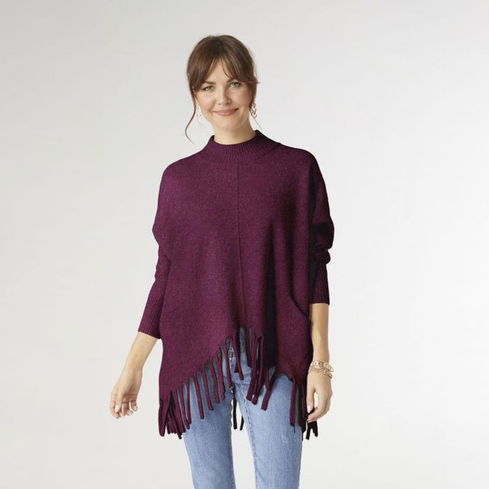 Heavenly-Luxe Flowy Mock Neck Fringe Sweater - Boysenberry