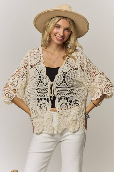 Boho Crochet Lace Tie Front Cardigan