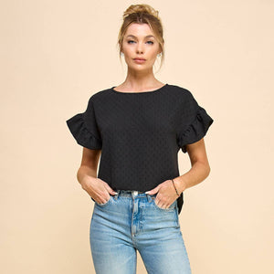 Black Drop Shoulder Top with Ruffled Sleeves