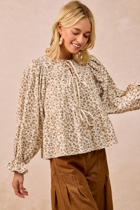Floral Printed Peplum Top With Shirring And Tied