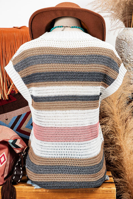 Stripe Eyelet Knit Short Sleeve Sweater Tee | S-XL
