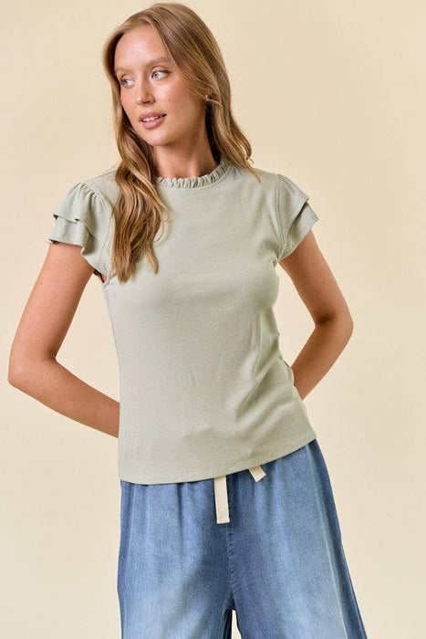 Soft Rib Ruffled Neck Butterfly Cap Sleeve Top - Sage