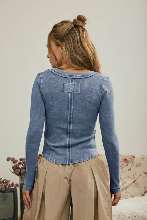Vintage Blue Washed Long Sleeve Ribbed Henley Top