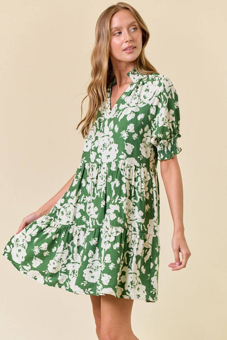 Green Floral Print Split V-Neck Puff Short Sleeve Dress