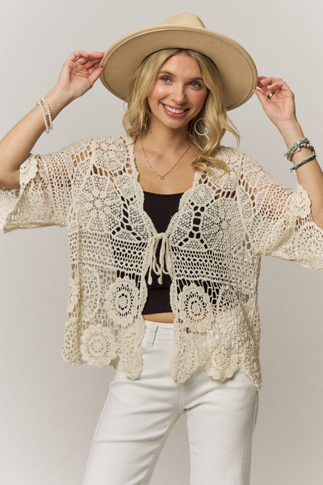 Boho Crochet Lace Tie Front Cardigan