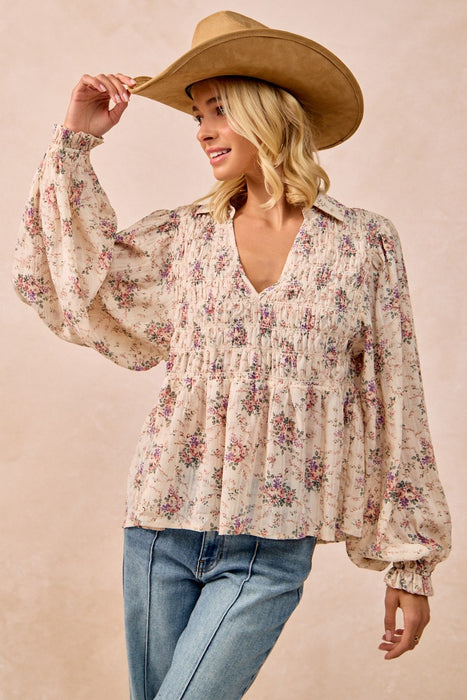 Floral Printed Woven V Neck Top With Smoked Detail