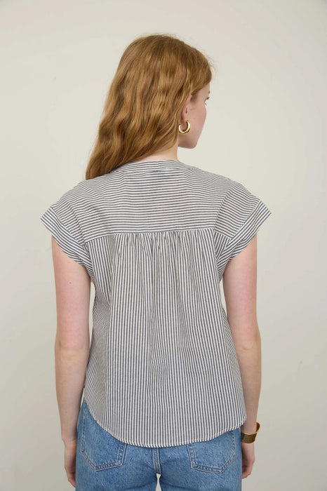 Black/White Stripe Round Neck Button Down Short Sleeve Top